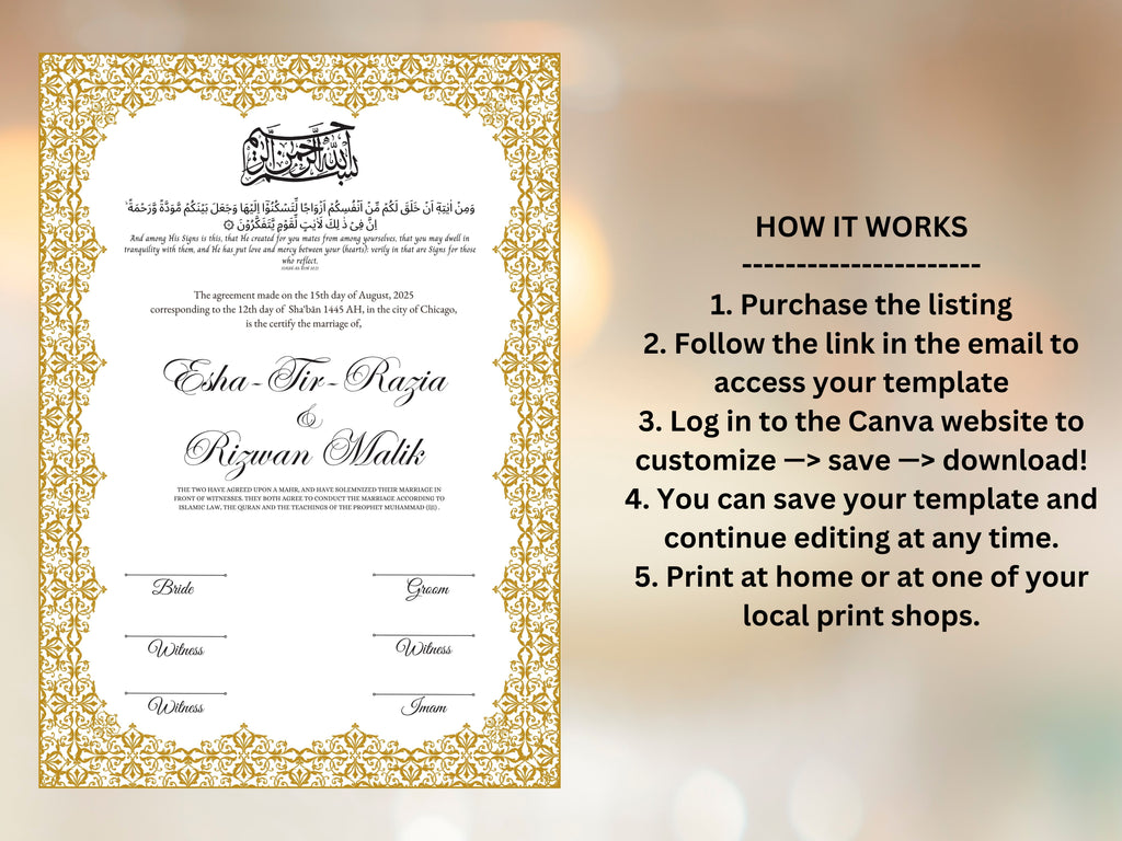 Nikkah Certificate Digital Download Personalised, A4, A3, Template, Editable, Nikkah Nama, Nikkah Contract, Muslim Contract. NN243