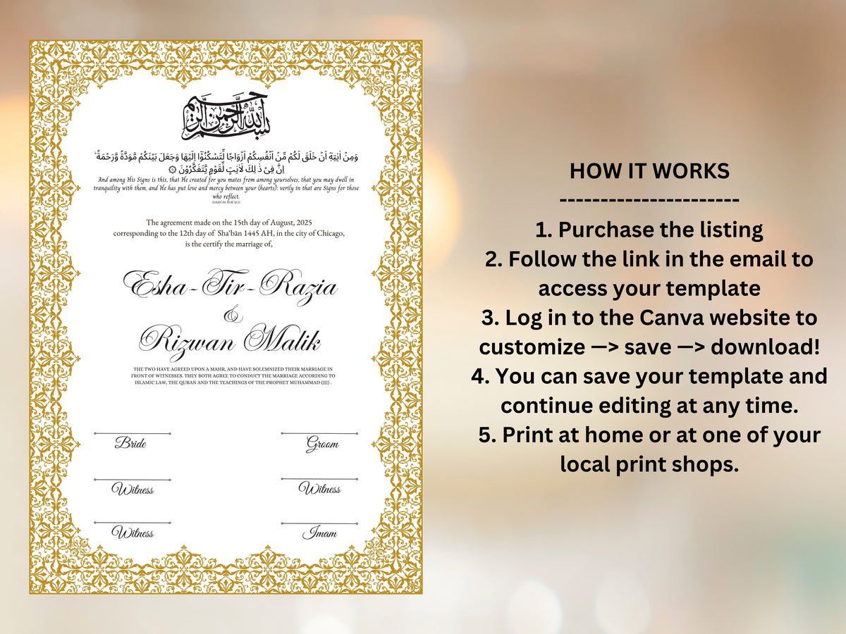 Nikkah Certificate Digital Download Personalised, A4, A3, Template, Editable, Nikkah Nama, Nikkah Contract, Muslim Contract. NN243