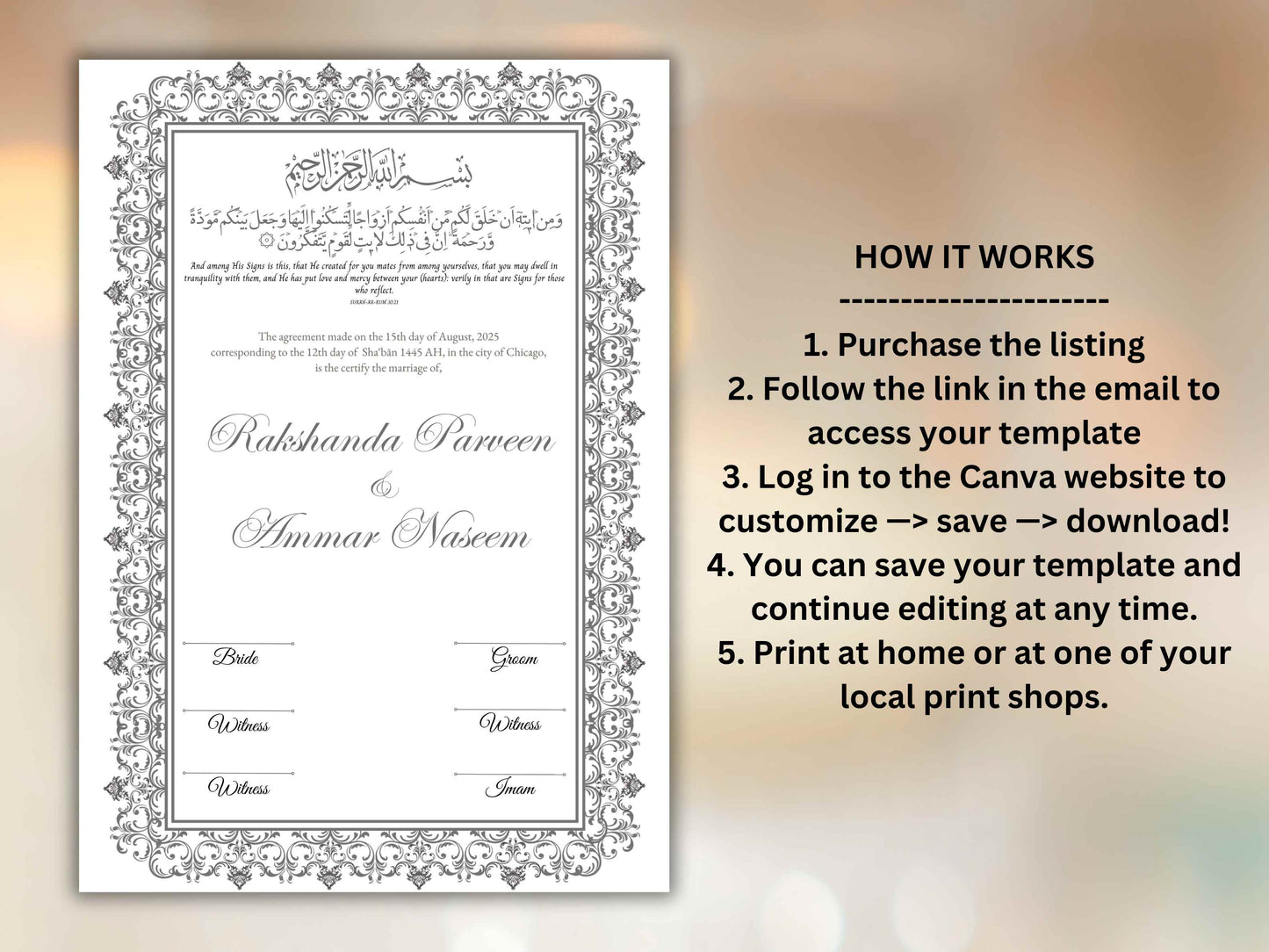 Nikkah Certificate Digital Download Personalised, A4, A3, Template, Instat Download. NN240