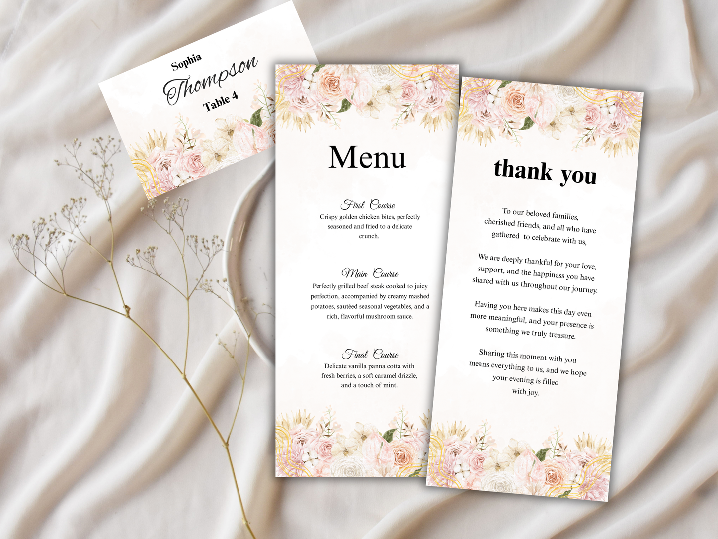 Wedding Thank you Card, Menu Card, Table Card. WI351