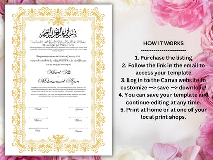 Luxury Nikkah Certificate, Premium A4 Islamic Wedding Contract, Nikkah Nama, Muslim Marriage Certificate, Personalised Names, A4, A3. NN250