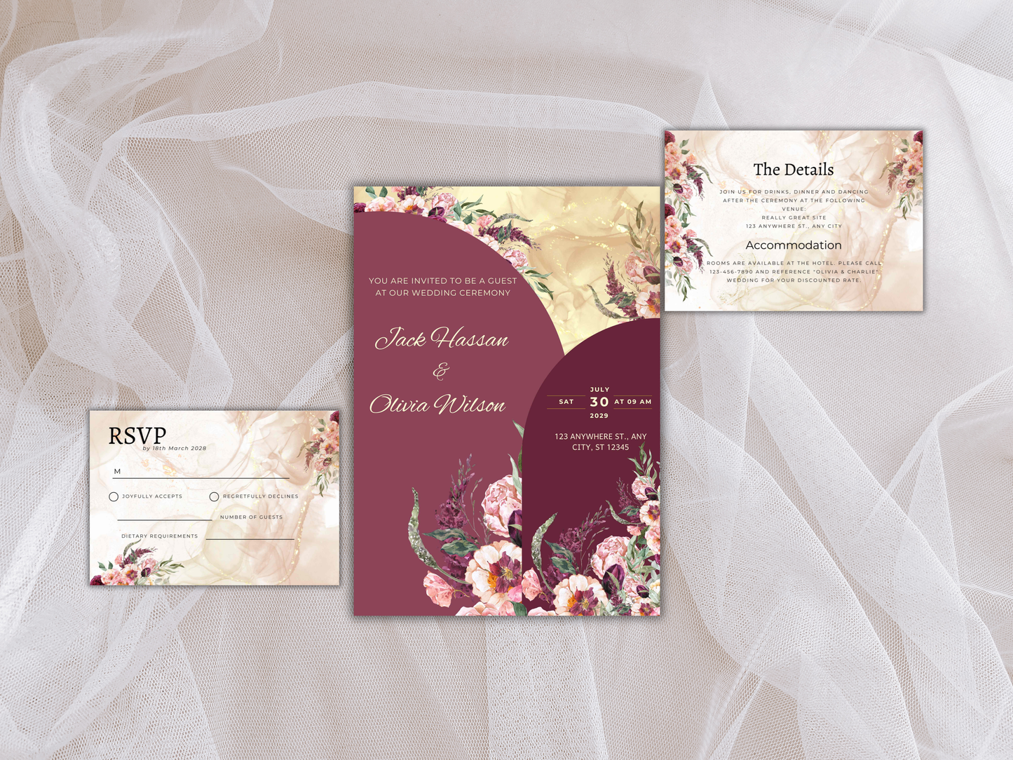Wedding Invitation Bundle, RSVP, Thank You Card, Table Card, Menu Card, Reception Card, Details Card. WI270