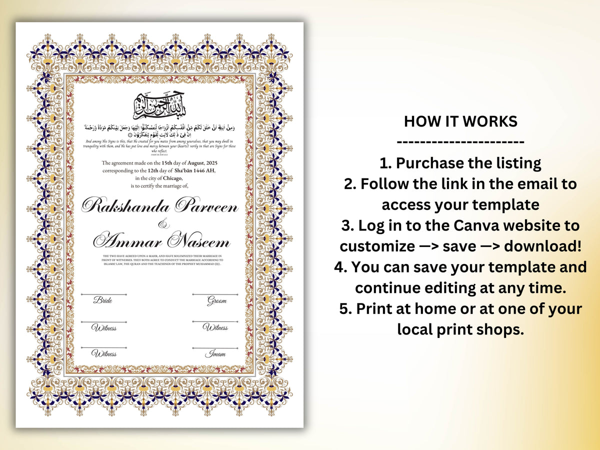 Nikkah Certificate Digital Download Personalised, A4, A3, Template, Editable, Nikkah Nama, Nikkah Contract, Muslim Contract. NN273