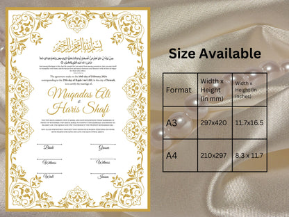 Luxury Nikkah Certificate, Premium A4 Islamic Wedding Contract, Nikkah Nama, Muslim Marriage Certificate, Personalised Names, A4, A3. NN46