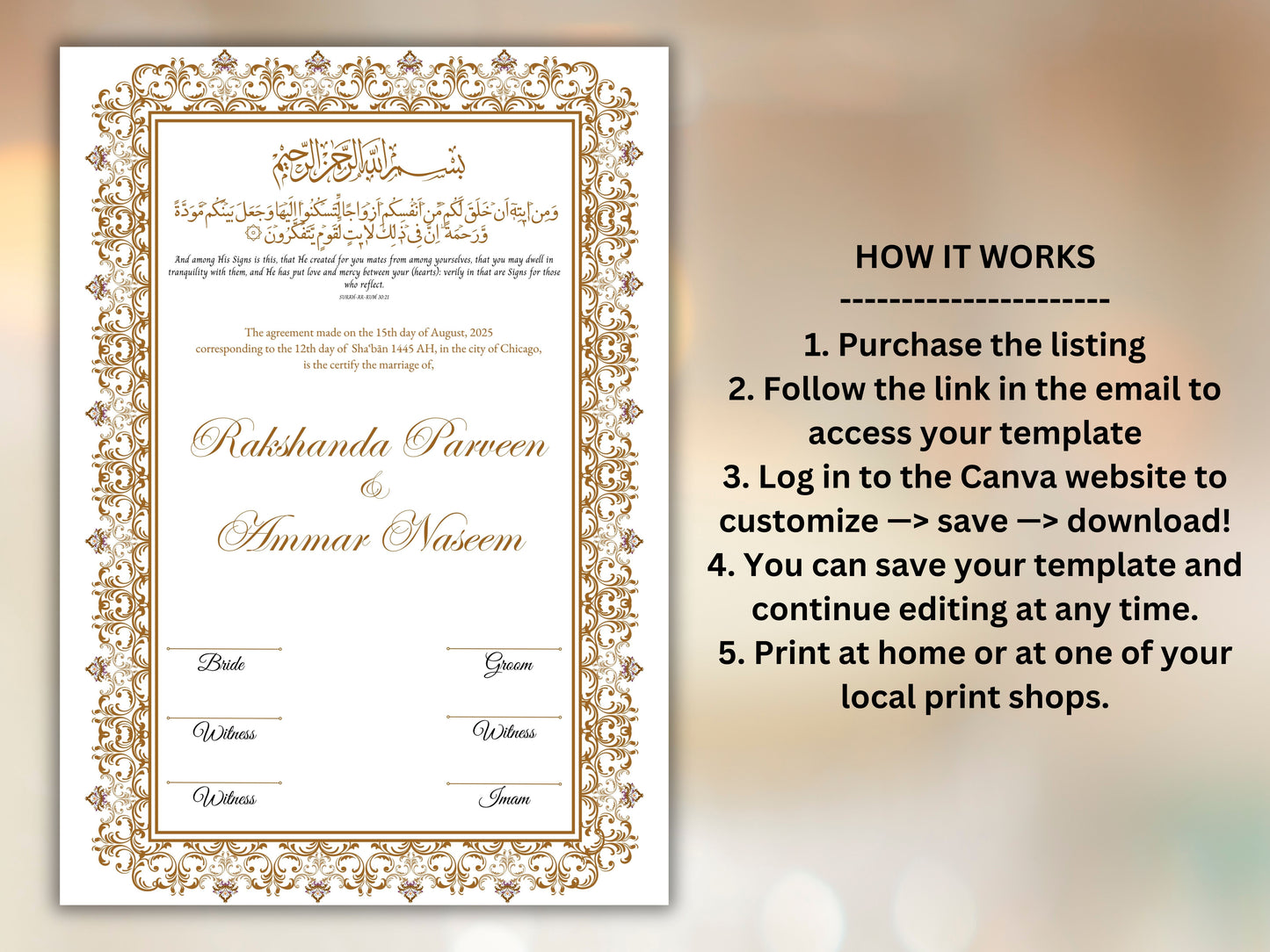 Nikkah Certificate Digital Download Personalised, A4, A3, Template, Editable, Brown Nikkah Nama, Nikkah Contract, Muslim Contract. NN239