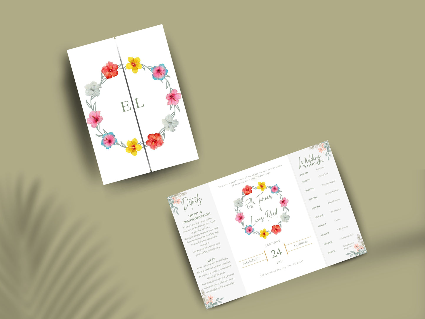 Floral Gatefold Wedding Invitation | Elegant Timeline Wedding Card | Modern Botanical Wedding Invitation with Details & Schedule. WI154