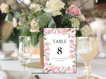 Wedding Table Numbers Template, Wedding Table Numbers, Pink Flower, Floral Wreath, Printable Table Numbers, Wedding Seating Chart. TS1