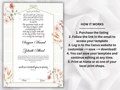 Nikkah Certificate, Islamic Wedding Contract, Muslim Marriage Certificate, Nikkah Nama, Template Nikkah, Nikkah Certificate, A3/A4. NN270