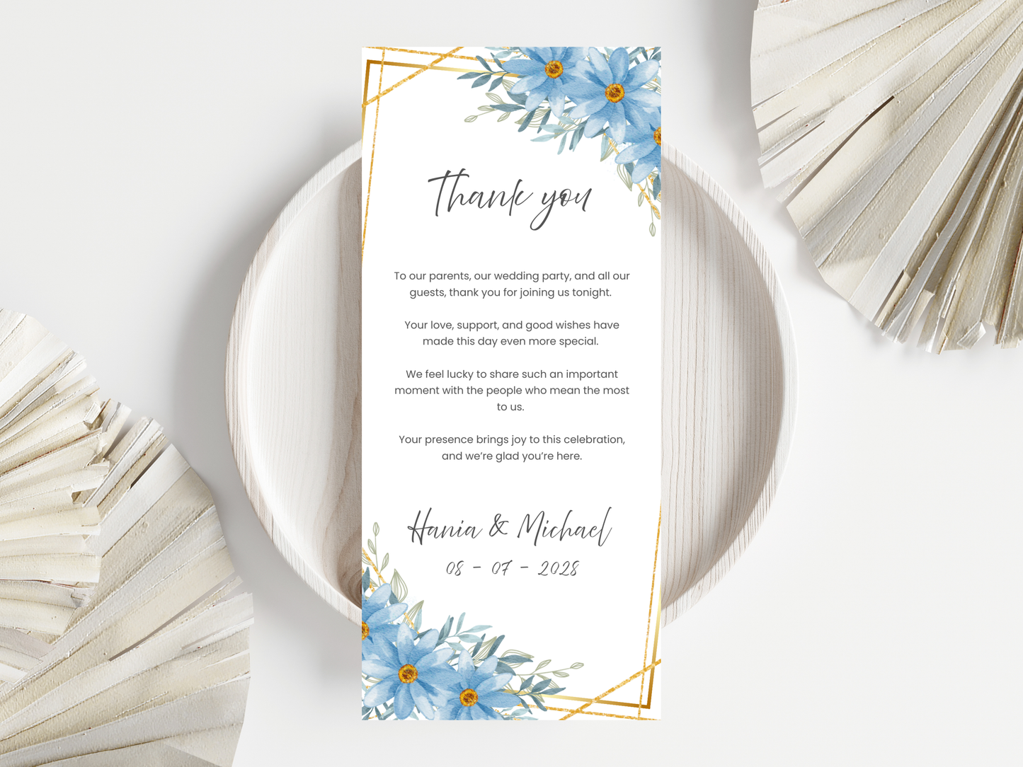 Floral Wedding Menu & Thank You Template | Editable Canva Place Card. WI209