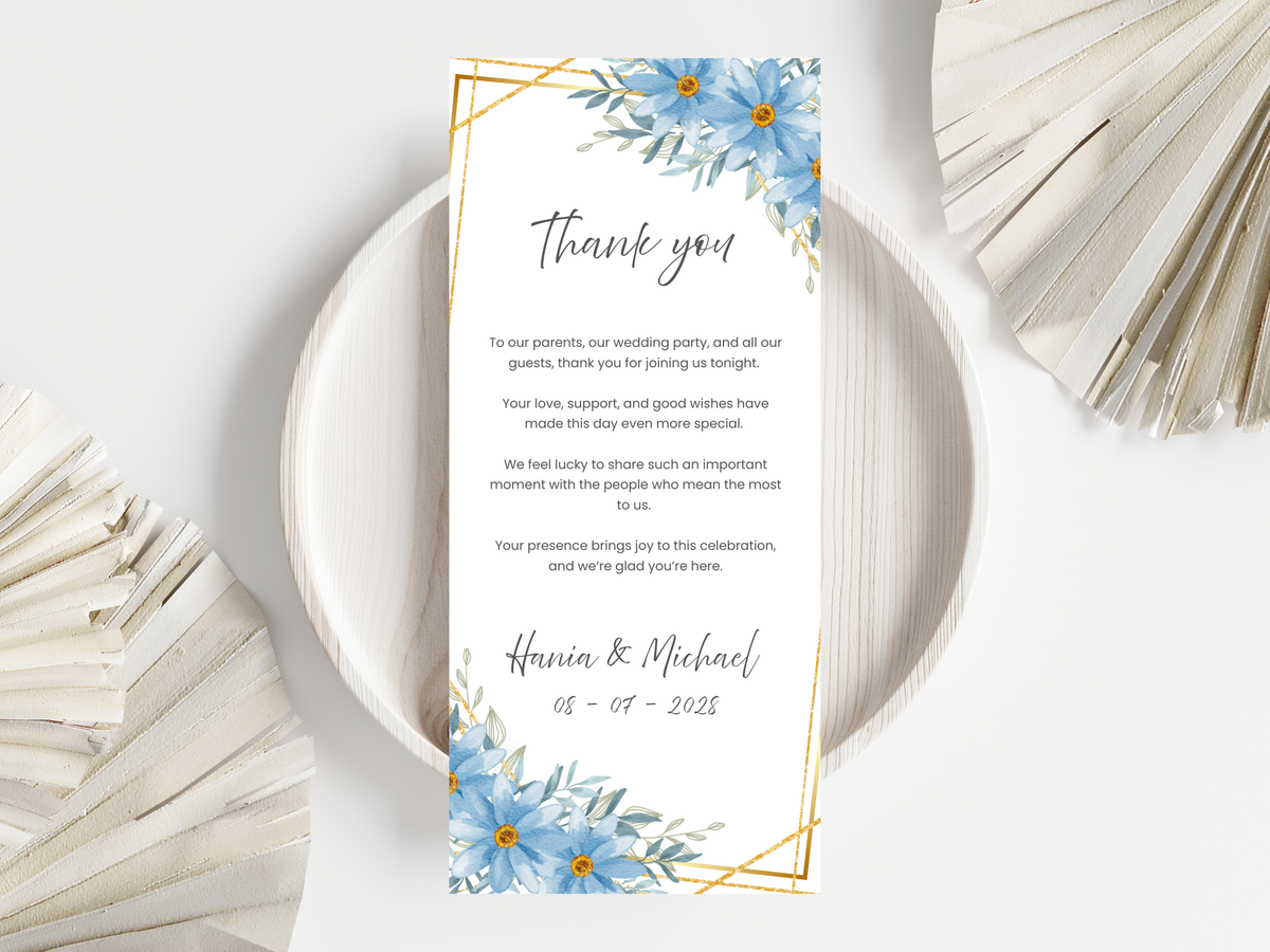 Floral Wedding Menu & Thank You Template | Editable Canva Place Card. WI209