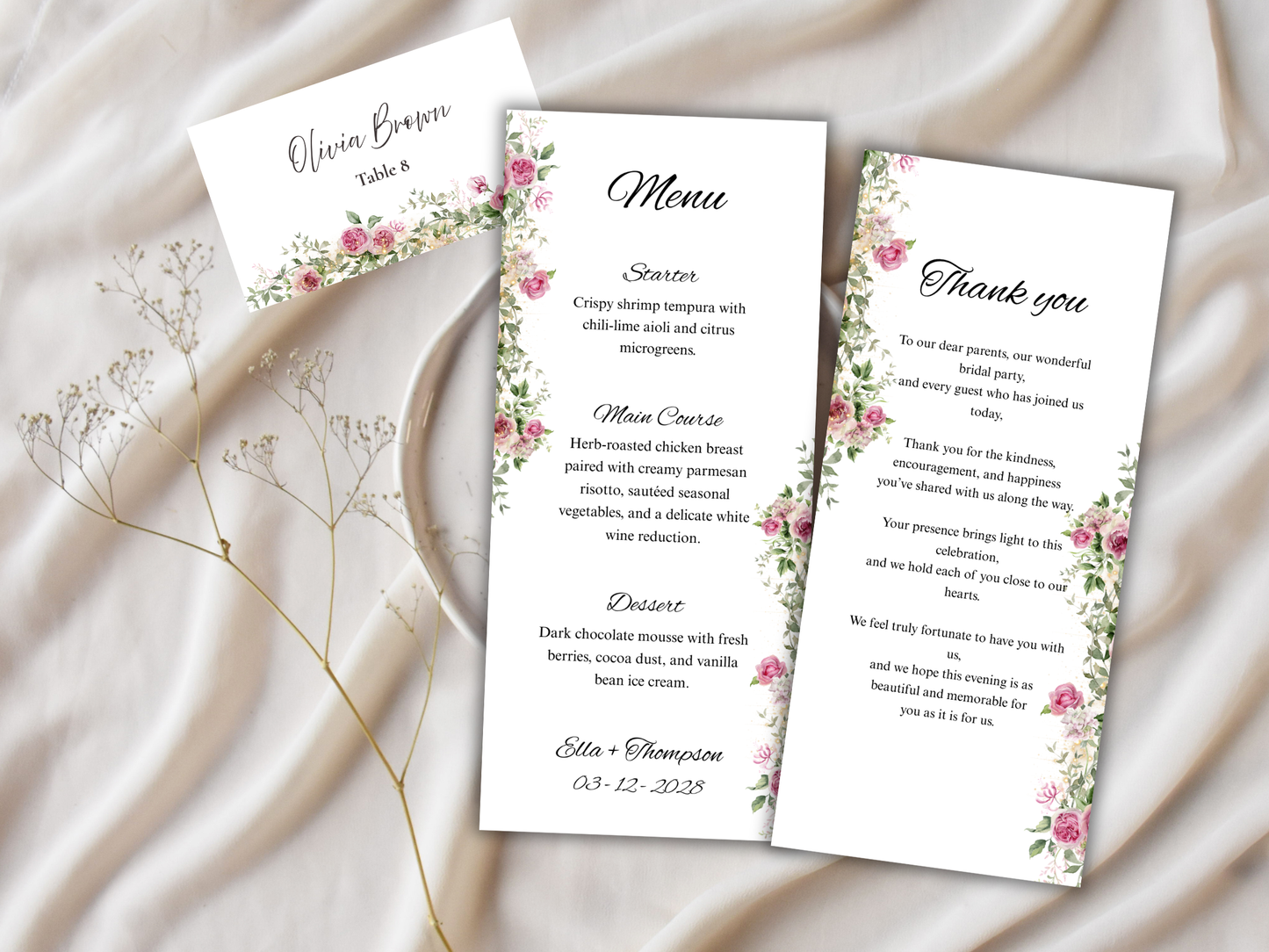 Wedding Thank you Card, Menu Card, Table Card. WI296