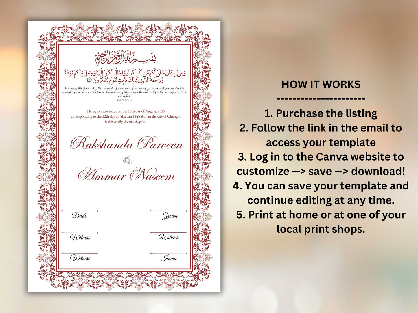 A4/A3 Nikkah Contract, Digital Printable Personalised Customised Nikkah Certificate, Digital Download, Islamic Marriage Contract. NN241