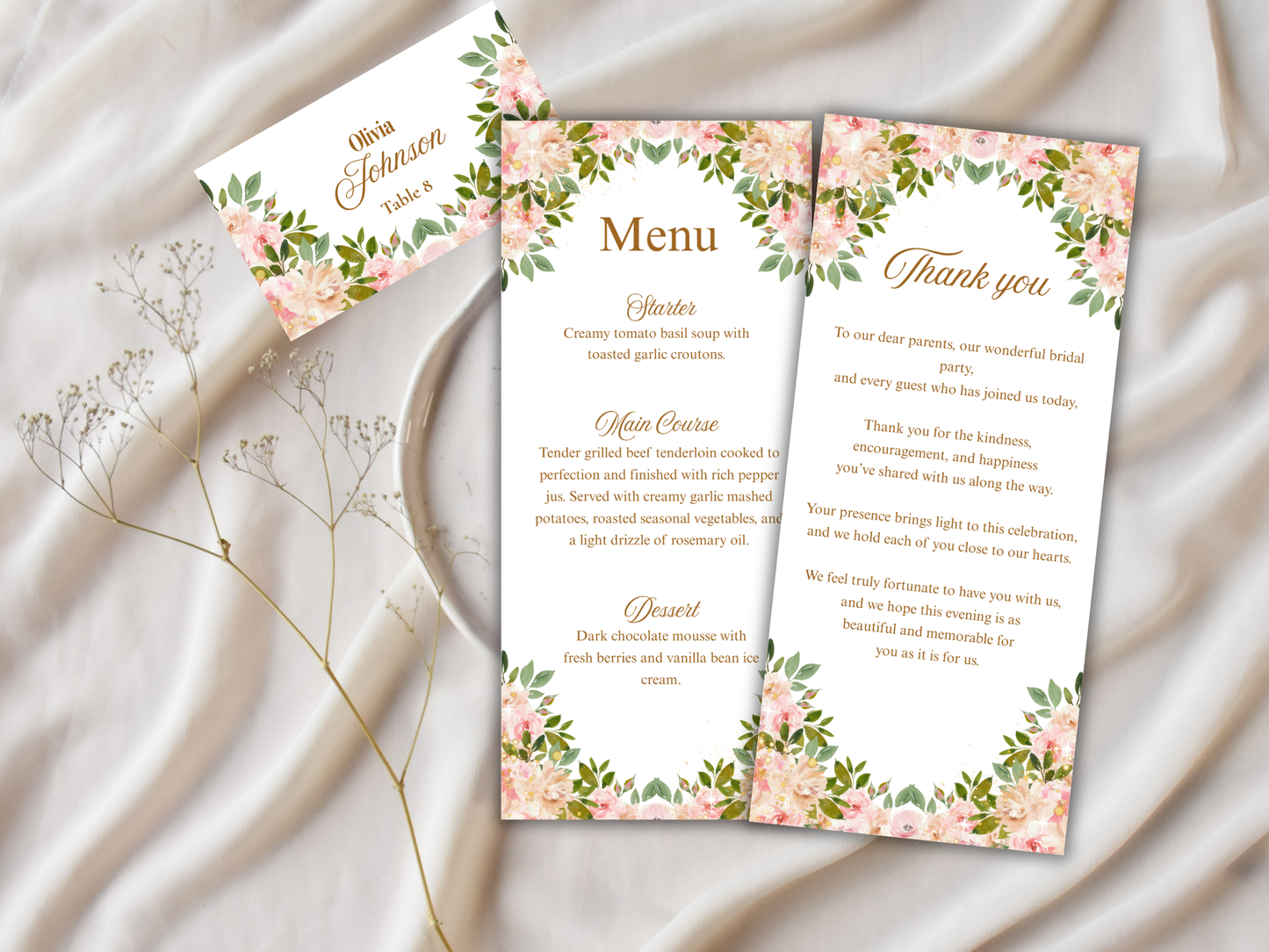 Wedding Thank you Card, Menu Card, Table Card. WI300