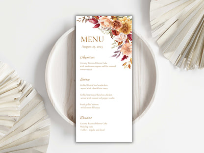 Boho Autumn Wedding Menu Template, Editable Place Card & Thank You Note, Fall Floral Wedding Printables. WI191