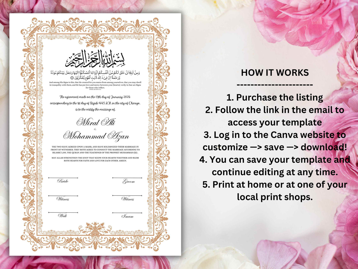 Luxury Nikkah Certificate, Premium A4 Islamic Wedding Contract, Nikkah Nama, Muslim Marriage Certificate, Personalised Names, A4, A3. NN249