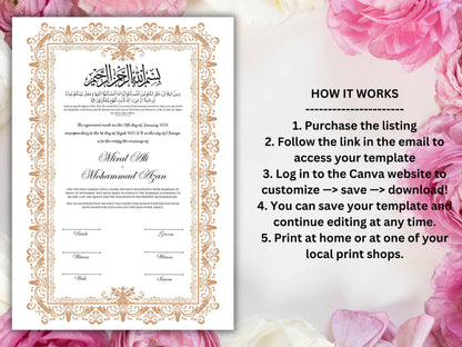 Luxury Nikkah Certificate, Premium A4 Islamic Wedding Contract, Nikkah Nama, Muslim Marriage Certificate, Personalised Names, A4, A3. NN249