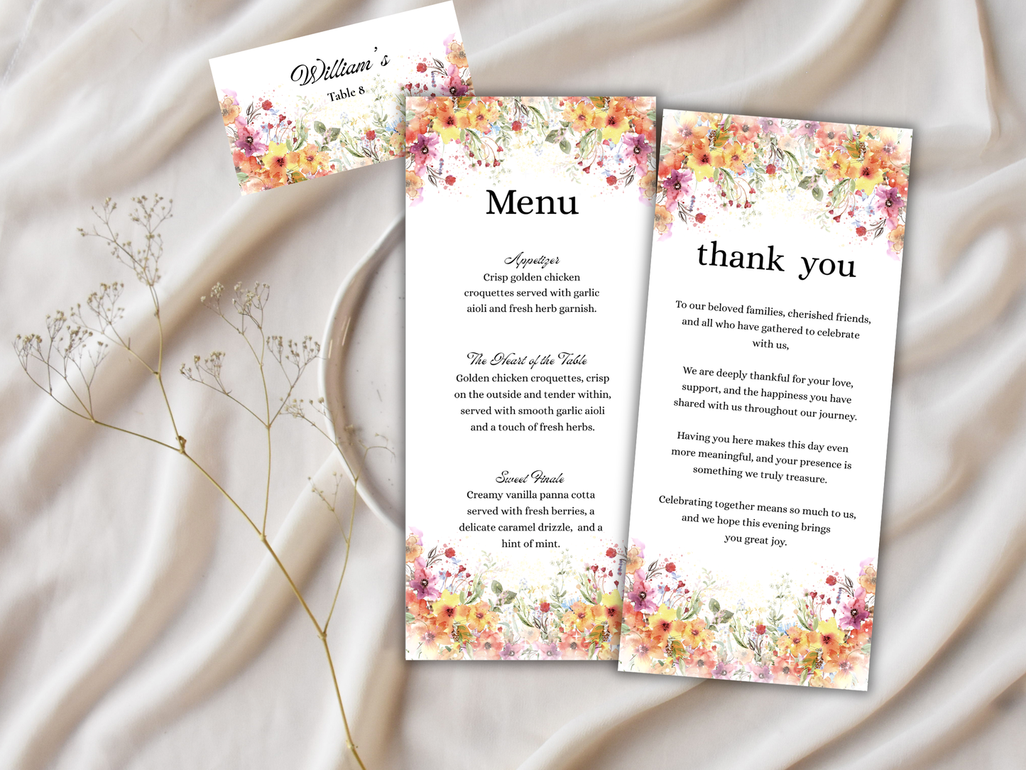 Wedding Thank you Card, Menu Card, Table Card. WI324