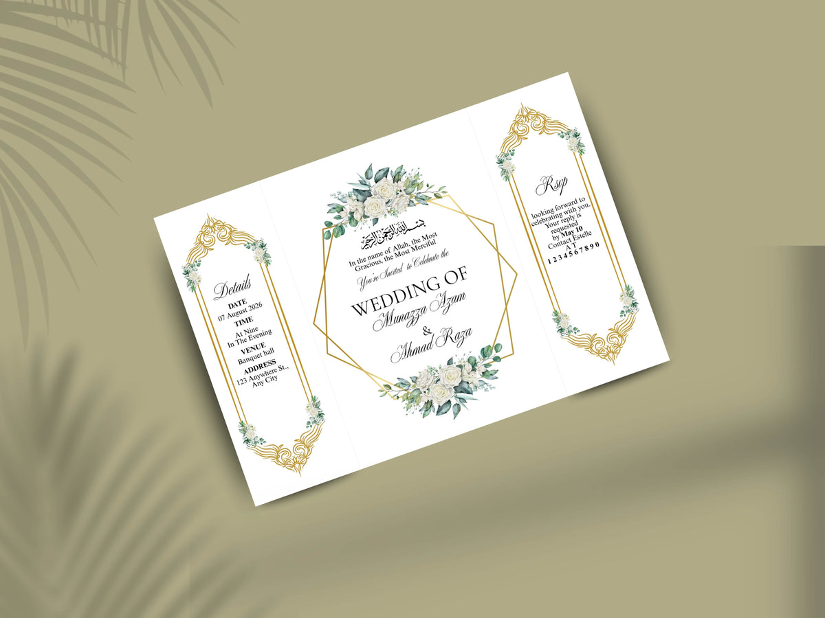Islamic Wedding Invitation | Elegant Bismillah Card | Muslim Nikah Invitation | Green Floral Wedding Card | Printable Template. WI145