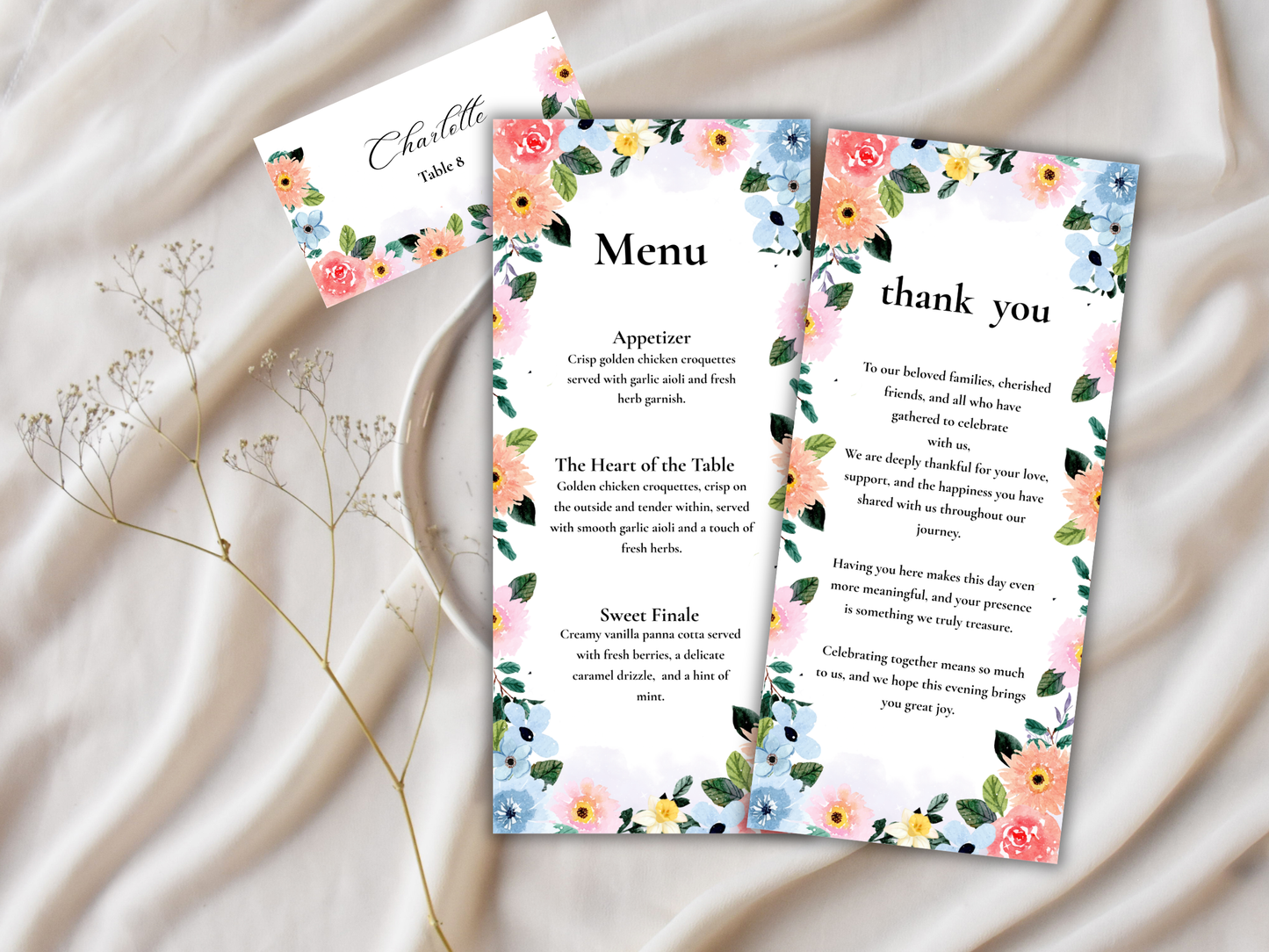 Wedding Thank you Card, Menu Card, Table Card. WI322