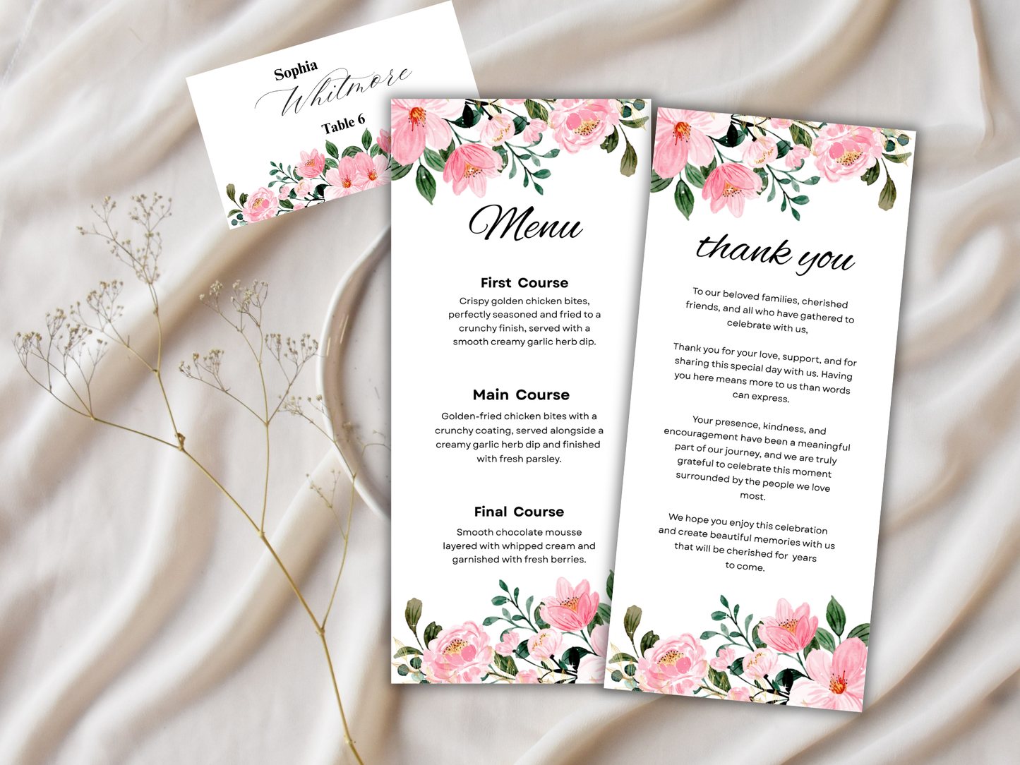 Wedding Menu, Thank You, Table Cards (Editable Canva Template) WI384