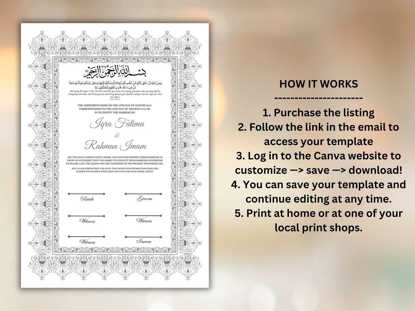 Nikkah Certificate, Nikkahnama, Nikahnama, Muslim Contract, Personalised, A4, A3, Template, Instat Download. NN271