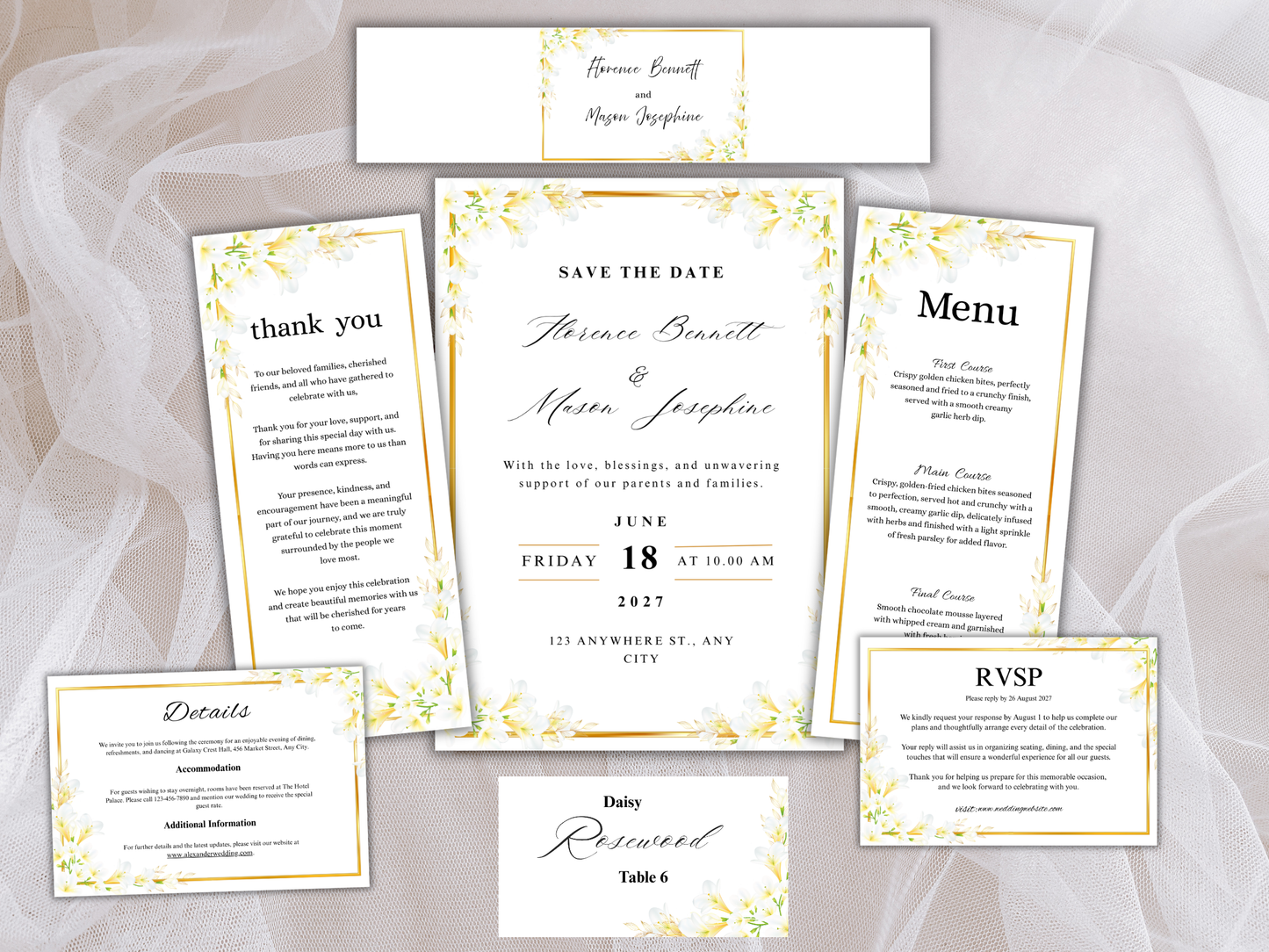 White Lily Wedding invitation Card, Gold Floral Menu Template, Detailed, RVSP,  Editable Thank You, Bottle Label, Table Card, MTC373