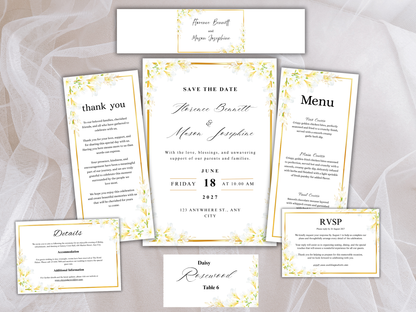 White Lily Wedding invitation Card, Gold Floral Menu Template, Detailed, RVSP,  Editable Thank You, Bottle Label, Table Card, MTC373