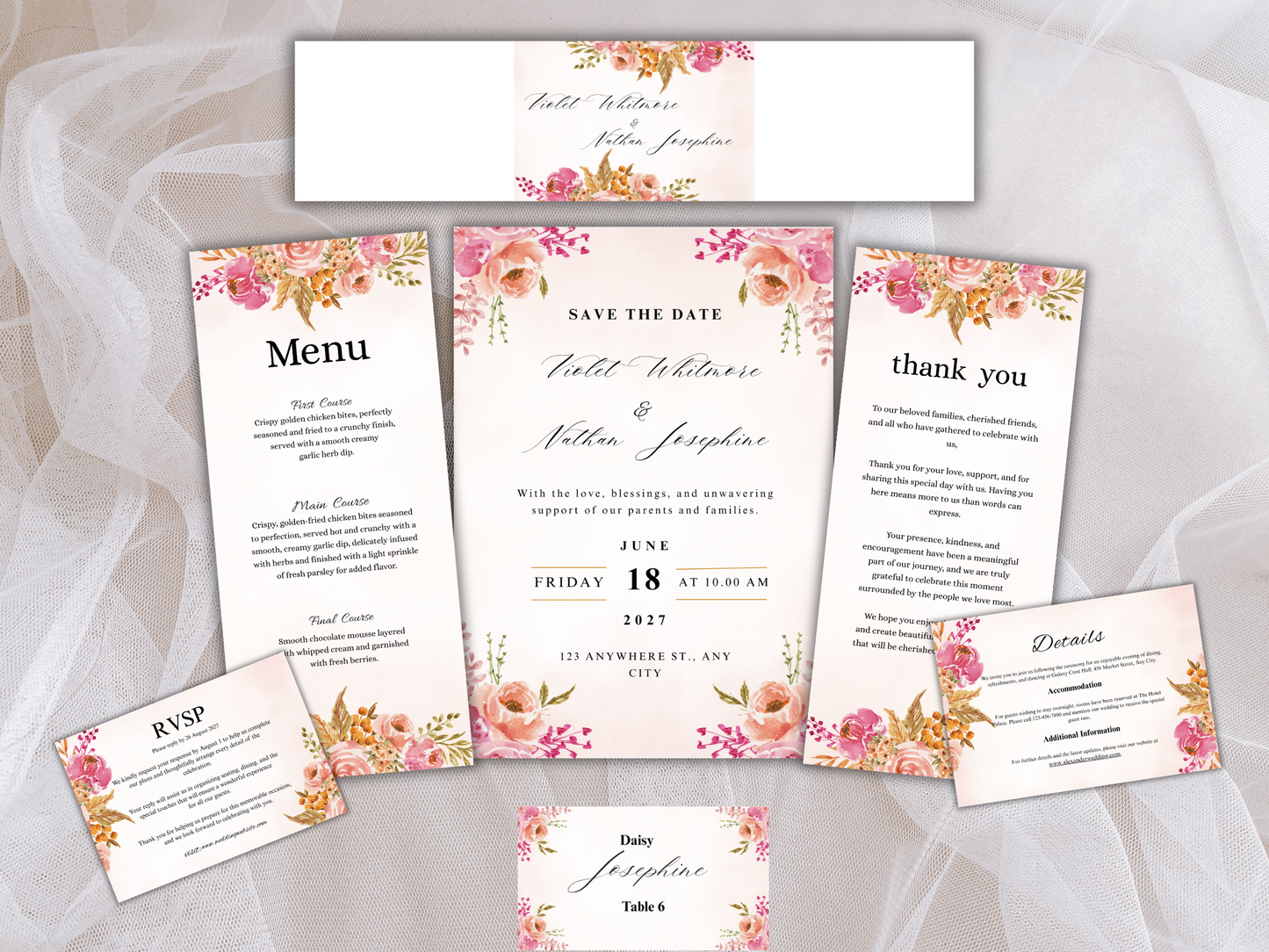 Pink Floral Wedding Invitation Suite, Watercolor Thank You Card, Menu, RSVP & Details Card, Bottle Label MTC375