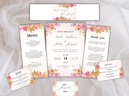 Pink Floral Wedding Invitation Suite, Watercolor Thank You Card, Menu, RSVP & Details Card, Bottle Label MTC375
