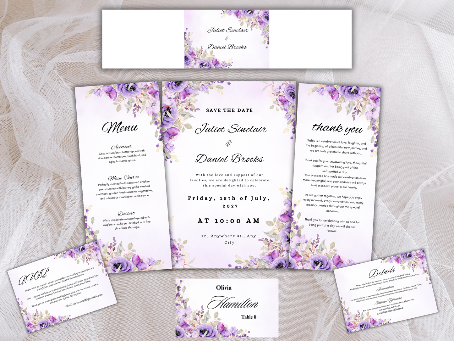 Watercolor Purple Floral Wedding invitation Bundle, Editable Canva Template, Details, RVSP, Instant Download MTC401