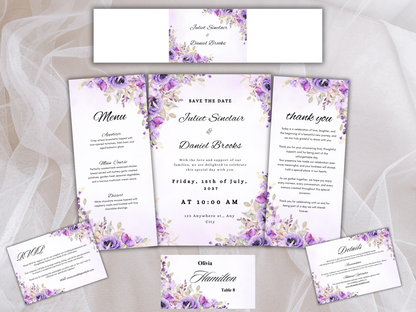 Watercolor Purple Floral Wedding invitation Bundle, Editable Canva Template, Details, RVSP, Instant Download MTC401