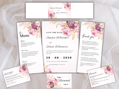 Elegant Blush Floral Wedding Invitation Suite, RSVP, Menu, Details (Digital Download) MTC415