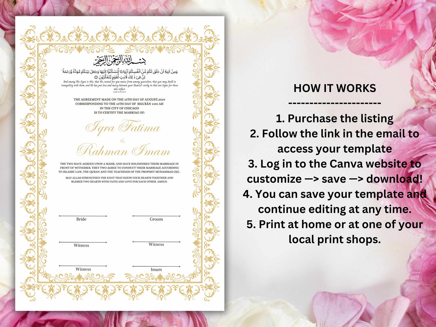 Nikkah Certificate, A4/A3 Islamic Wedding Contract Template, Nikkah Nama, Muslim Marriage, Personalised Names, Quran Verse.NN235