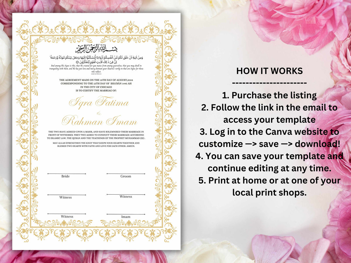 Nikkah Certificate, A4/A3 Islamic Wedding Contract Template, Nikkah Nama, Muslim Marriage, Personalised Names, Quran Verse.NN235