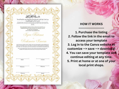 Nikkah Certificate, A4/A3 Islamic Wedding Contract Template, Nikkah Nama, Muslim Marriage, Personalised Names, Quran Verse.NN235