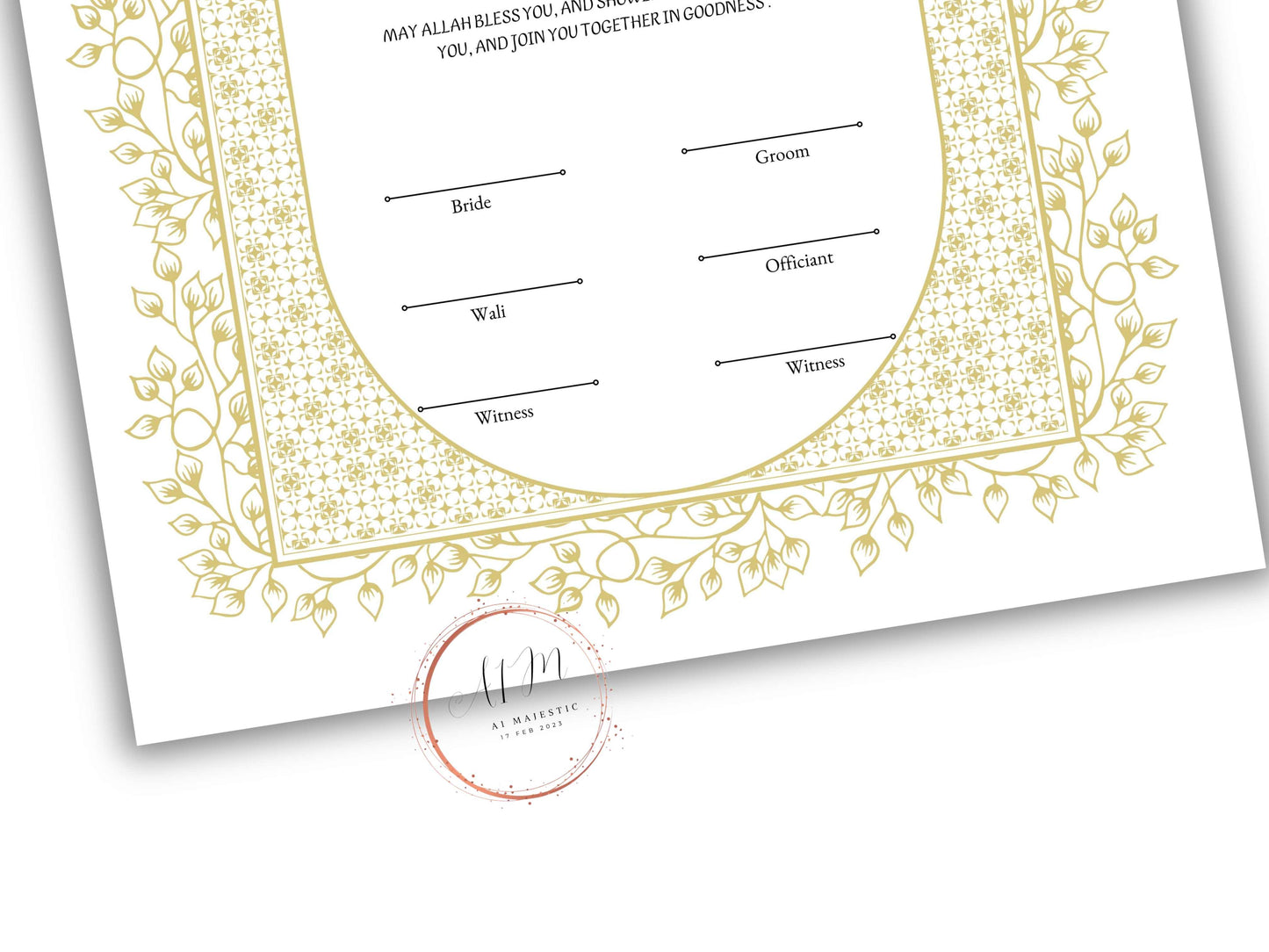 Gold Nikkah Contract Template, Gold Islamic Marriage, Contract Nikkah Certificate, Gold Nikahnama, Personalised Names, A4, A3. NN208