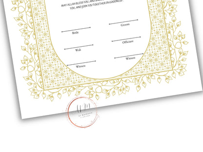 Gold Nikkah Contract Template, Gold Islamic Marriage, Contract Nikkah Certificate, Gold Nikahnama, Personalised Names, A4, A3. NN208