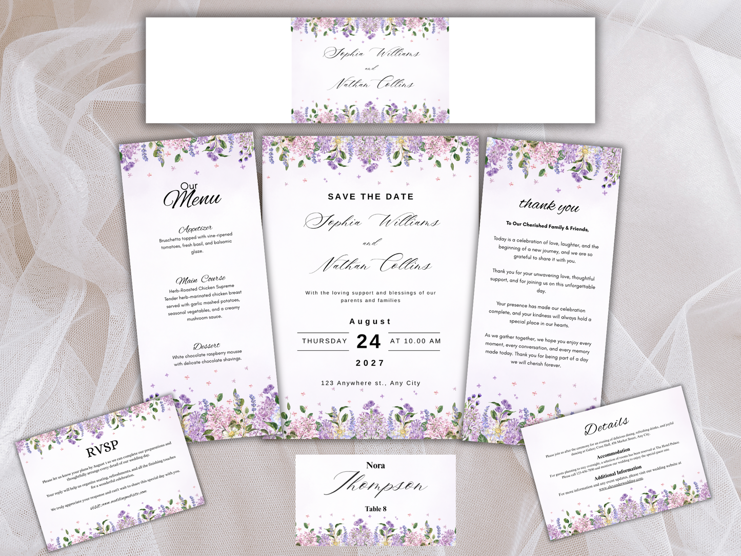 Romantic Lavender Wedding Invitation Suite,  RSVP, Details, Menu & Thank You Card (Digital Download) | MTC393