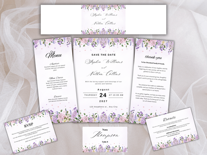 Romantic Lavender Wedding Invitation Suite,  RSVP, Details, Menu & Thank You Card (Digital Download) | MTC393