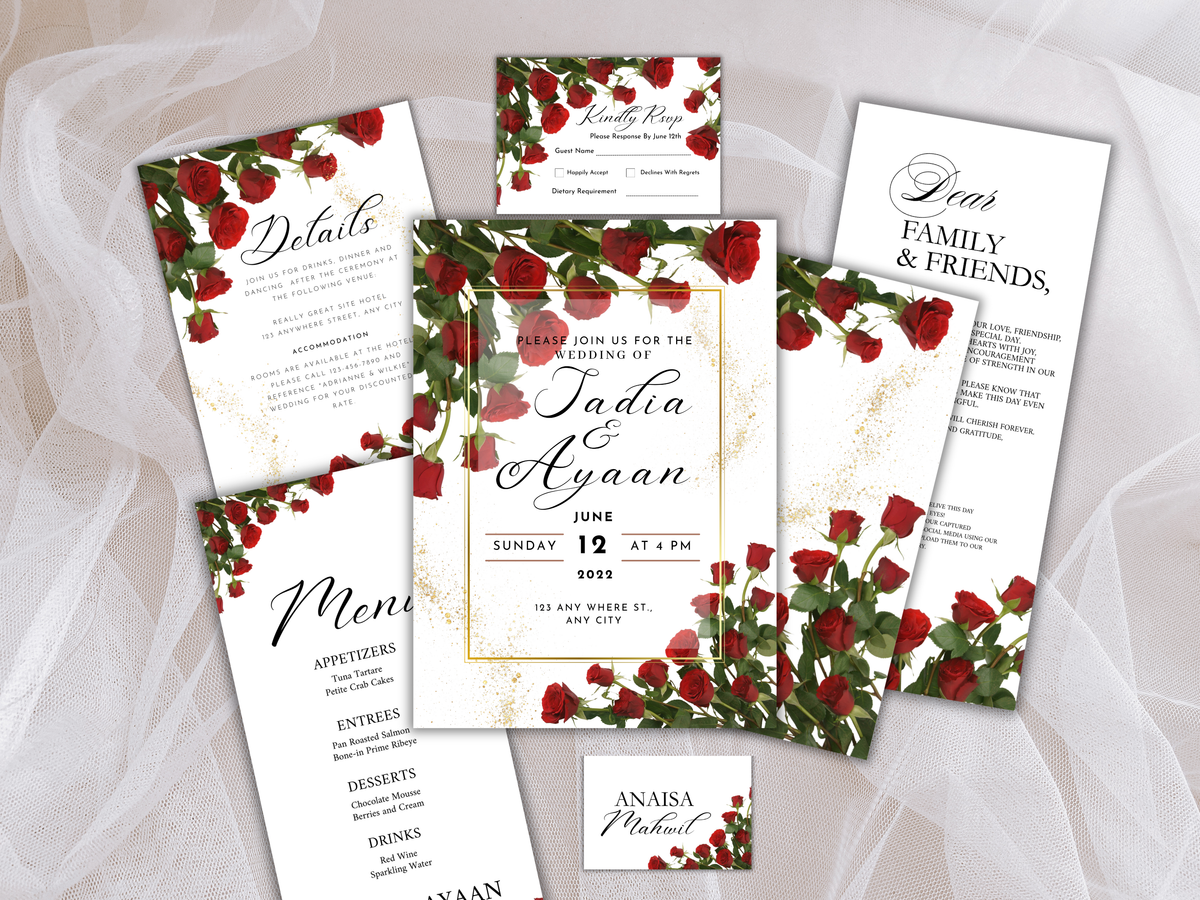 Wedding Invitation Template, RSVP, Details Card, Menu Card, Thank you Card, Place Card, Name Card WI266
