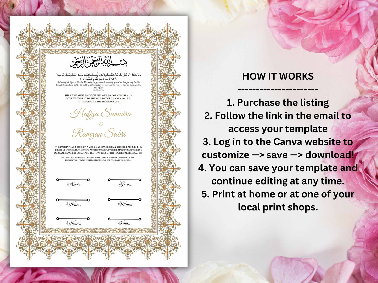 Nikkah Certificate Digital Download,A3,A4 Islamic Wedding Contract, Nikkah Nama, Muslim Marriage Certificate Template. NN273