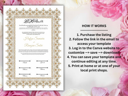 Nikkah Certificate Digital Download,A3,A4 Islamic Wedding Contract, Nikkah Nama, Muslim Marriage Certificate Template. NN273