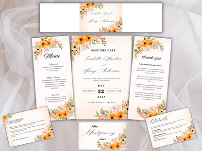 Elegant Wedding Stationery Bundle, Editable Template, Menu, Thank You & Table Cards, [CANVA DESIGNS] WI395