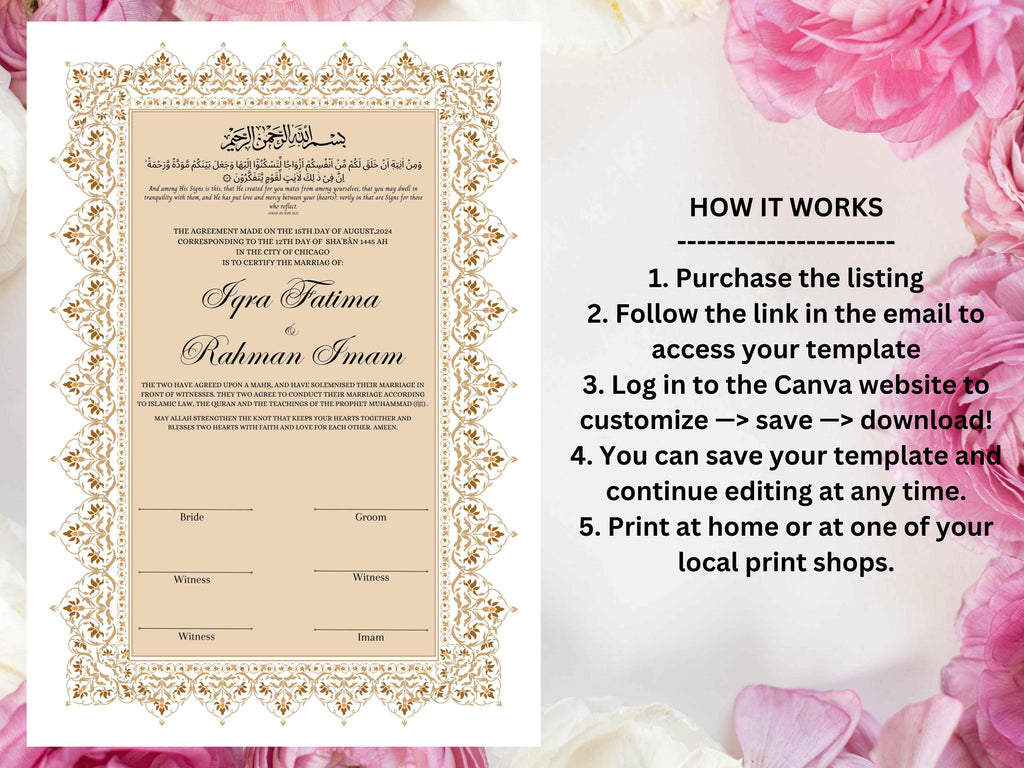 Nikkah Certificate, Nikkah Islamic Marriage Certificate, Printable, Custom Name Nikkah. Quran Verse, Digital Download. NN221