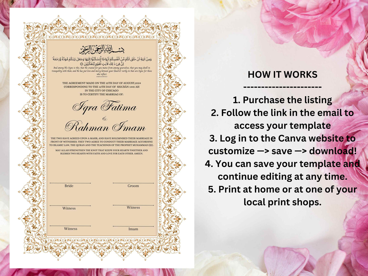 Nikkah Certificate, Nikkah Islamic Marriage Certificate, Printable, Custom Name Nikkah. Quran Verse, Digital Download. NN221
