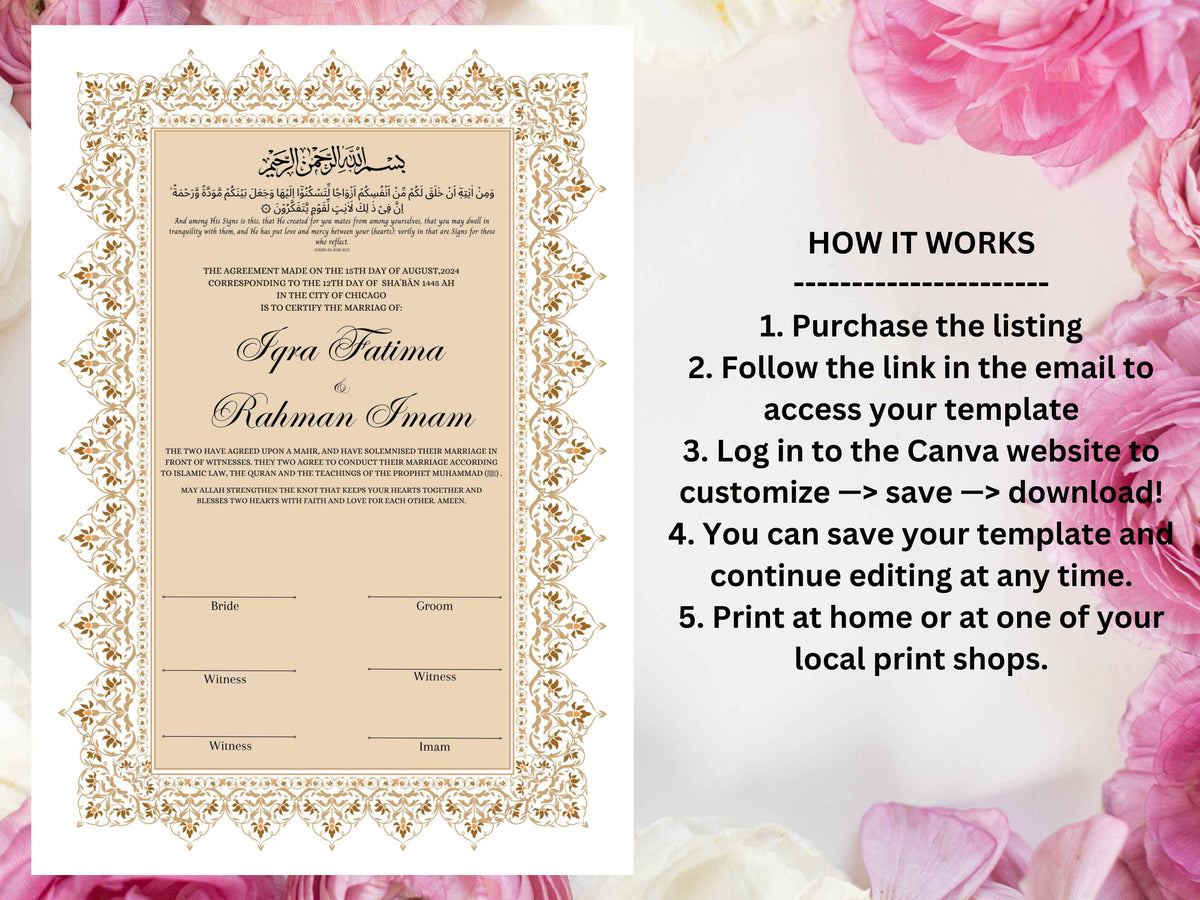 Nikkah Certificate, Nikkah Islamic Marriage Certificate, Printable, Custom Name Nikkah. Quran Verse, Digital Download. NN221