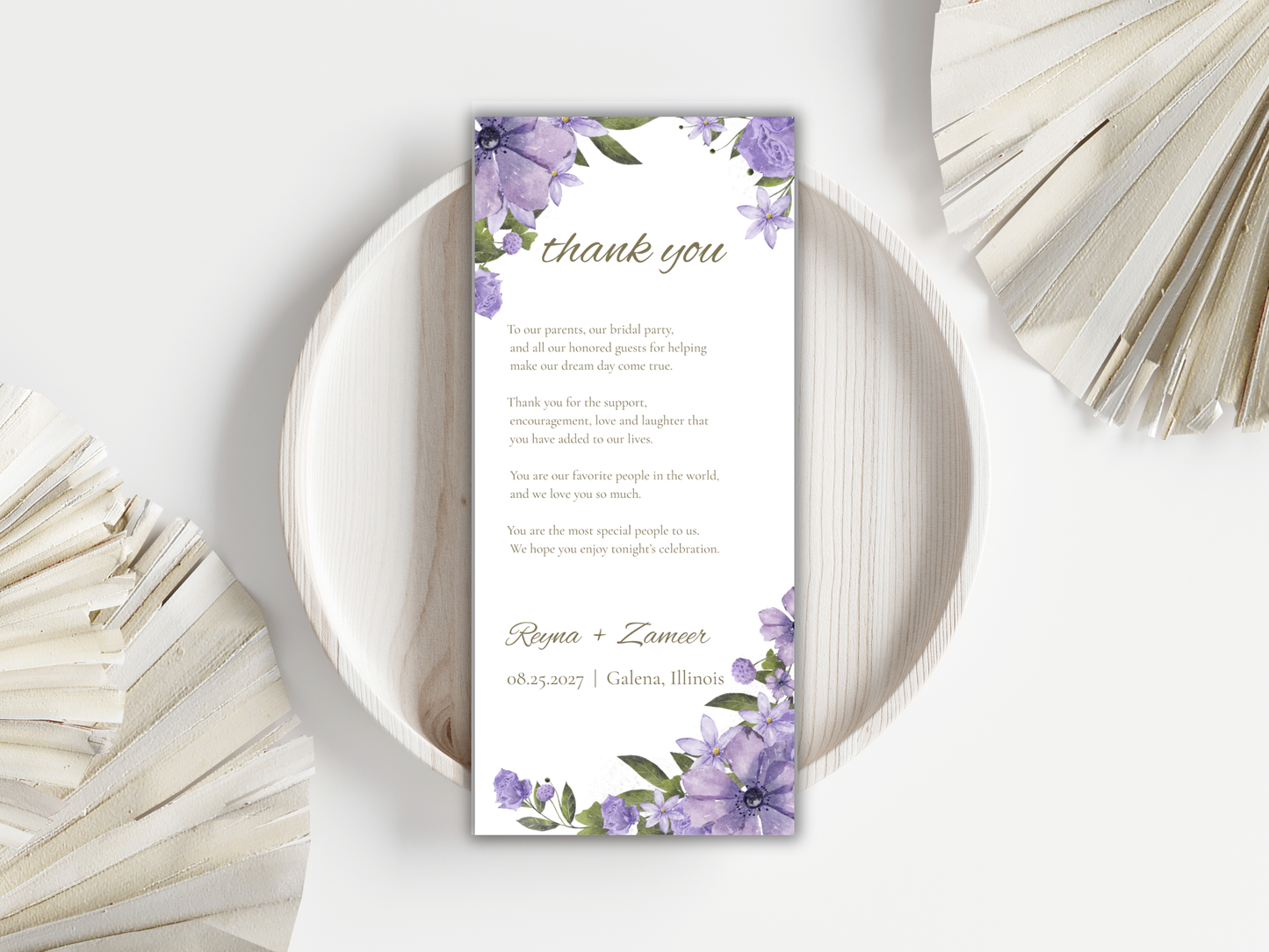 Lavender Floral Wedding Menu & Thank You Template | Editable Canva Place Card. WI204