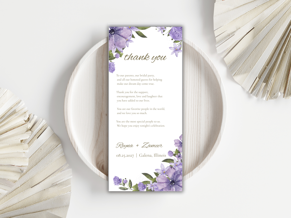 Lavender Floral Wedding Menu & Thank You Template | Editable Canva Place Card. WI204