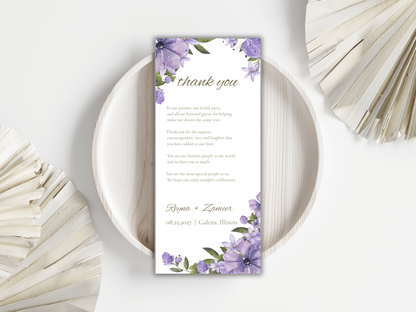 Lavender Floral Wedding Menu & Thank You Template | Editable Canva Place Card. WI204