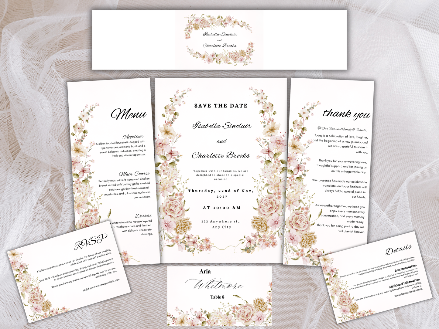 Luxury Floral Wedding invitation Bundle, Editable Canva Template, Details, RVSP, Instant Download MTC397